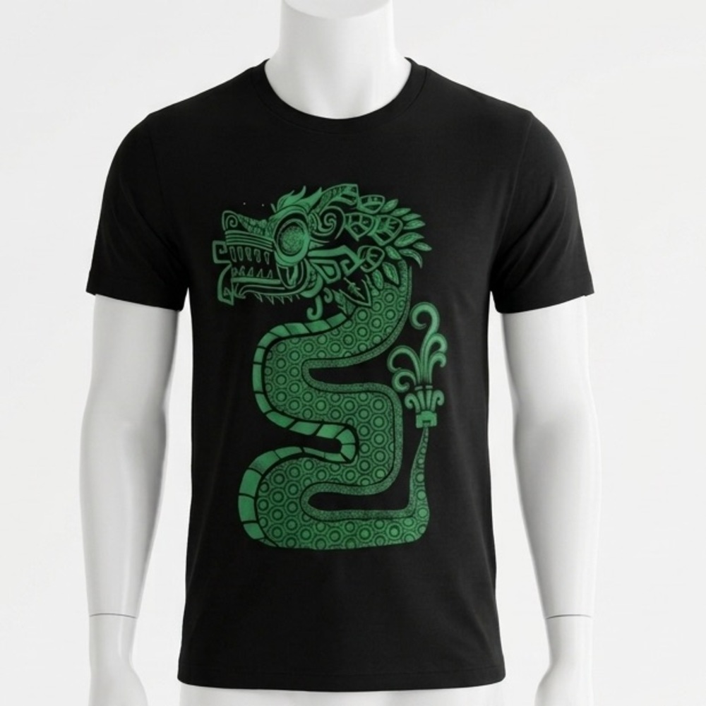 Codigo Black Cotton T-Shirt Green Aztec Inspired Dragon Graphic Men’s L
